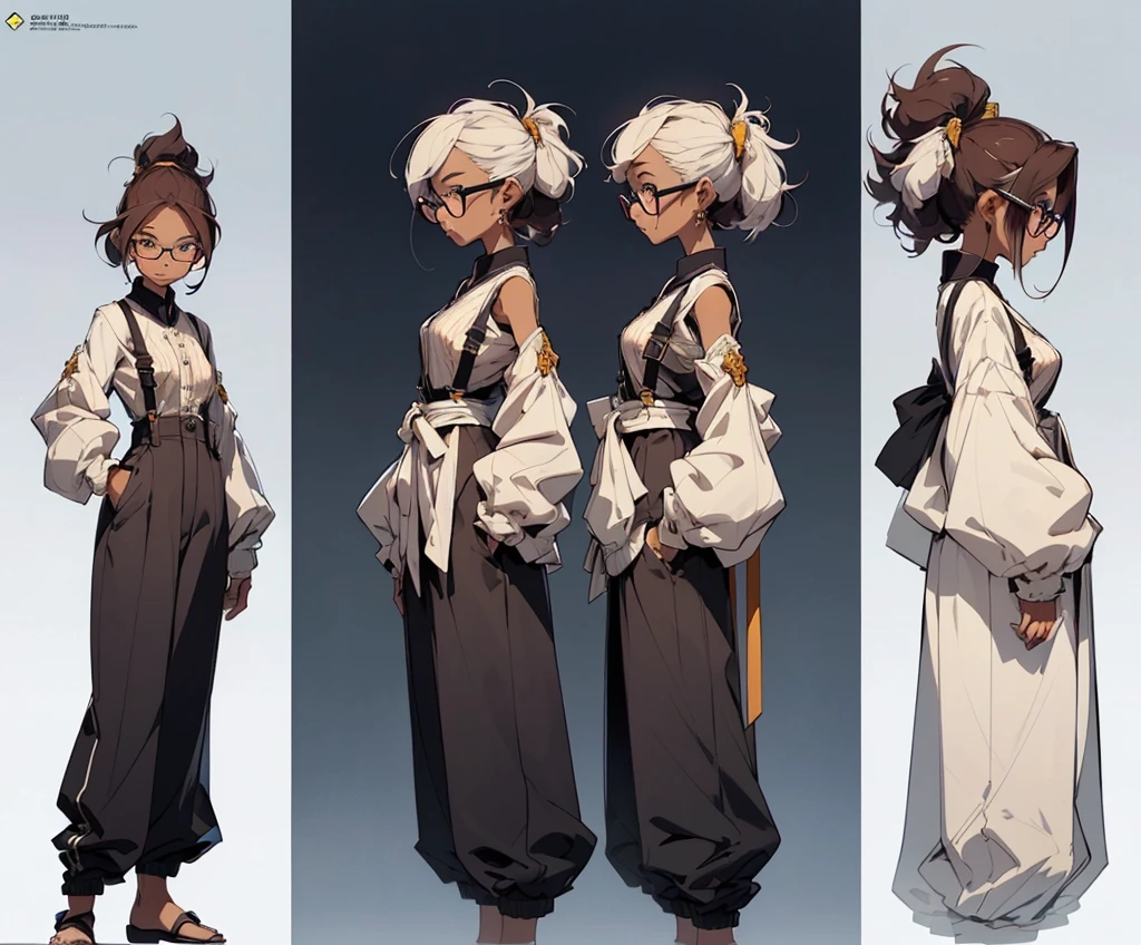 (mature woman), (age 25 years), ((Exquisite Face), (There are complete details...)), (Jitai pose), (Wear glasses), (slight smile), ((Sexy Eyes), (eyes looking straight.)), (Clear 8K images), ((Medium camera angle showing thighs), (standing pose)), (Anime style), (suspenders), (master-piece), ((There are body details..., (perfect hands), (perfect feet)), (line art), ((Character concept art)), ((Character design sheet, Same character.., front-view, Side View, Reverse view, three-quarter view)), 6 half full heads, (tomboy), (long pants), (hat with ear-flaps), (chullo)