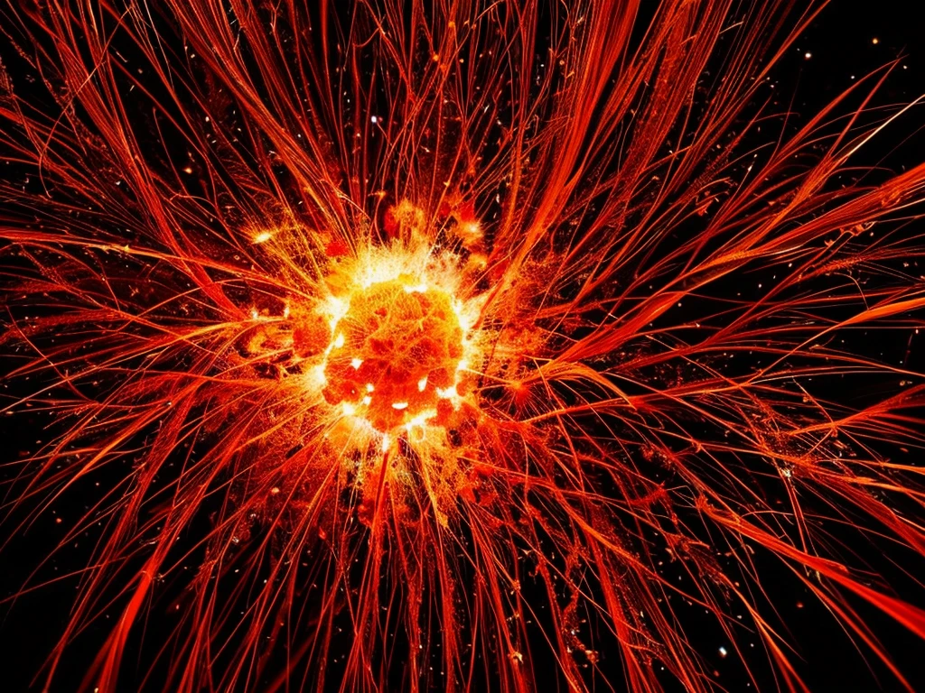 Nitrocellulose crystals with dazzling explosive power, Sparkling hues of fiery red and vibrant orange, Stands out against a dark background. This complex image, Probably a close-up photo, Capturing the intricate details of delicate yet powerful materials, Highlighting the intense beauty of molecular structures. Sharp focus and vibrant colors create a striking visual effect, Showcasing the pure quality and artistry of your work.