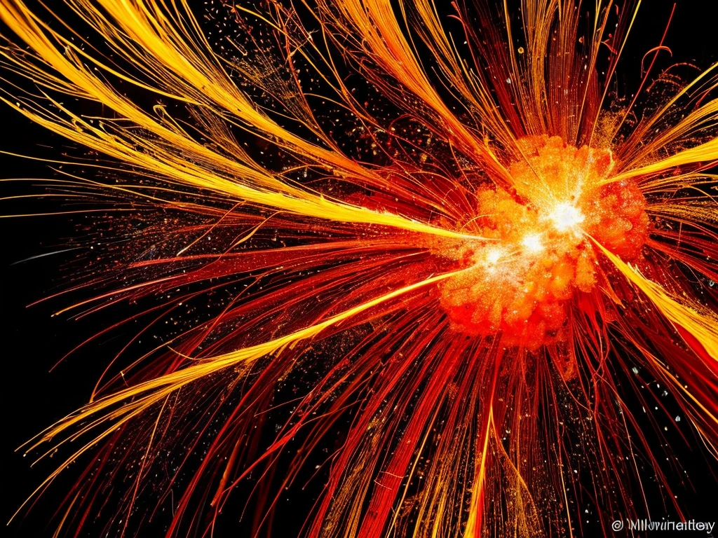 Nitrocellulose crystals with dazzling explosive power, Sparkling hues of fiery red and vibrant orange, Stands out against a dark background. This complex image, Probably a close-up photo, Capturing the intricate details of delicate yet powerful materials, Highlighting the intense beauty of molecular structures. Sharp focus and vibrant colors create a striking visual effect, Showcasing the pure quality and artistry of your work.