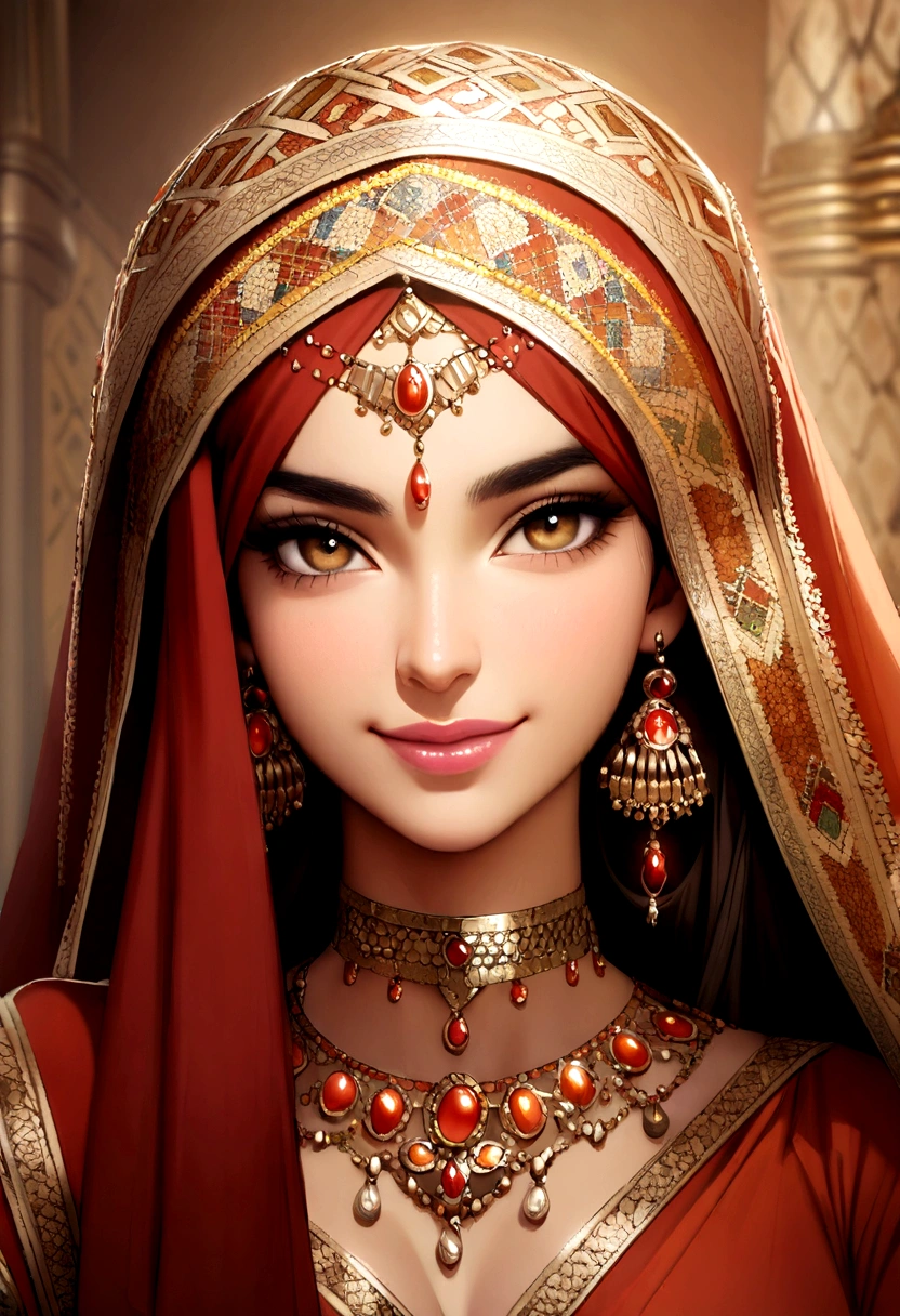 Arav woman wearing red and gold shawl and red dress, middle East skin, Beautiful arab woman, young middle East woman, Beautiful Iranian women, Arab beauty, middle East, Medium Portrait, Detailed face of an arab woman, 70mm Portrait, Portraits, close - up Portraits, close up Portraits, Photo of a beautiful woman, Face smile