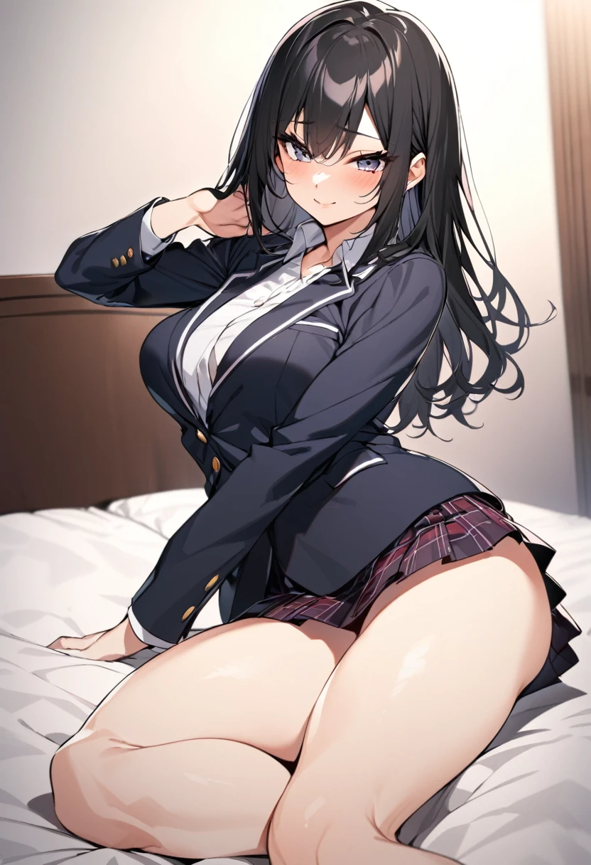 beautiful girl, solo, full-bodied, standing, long black  hair,  medium breasts, JK, high school outfit , soft smile, sitting on the bed, model pose, temptation, sexy thighs, 
