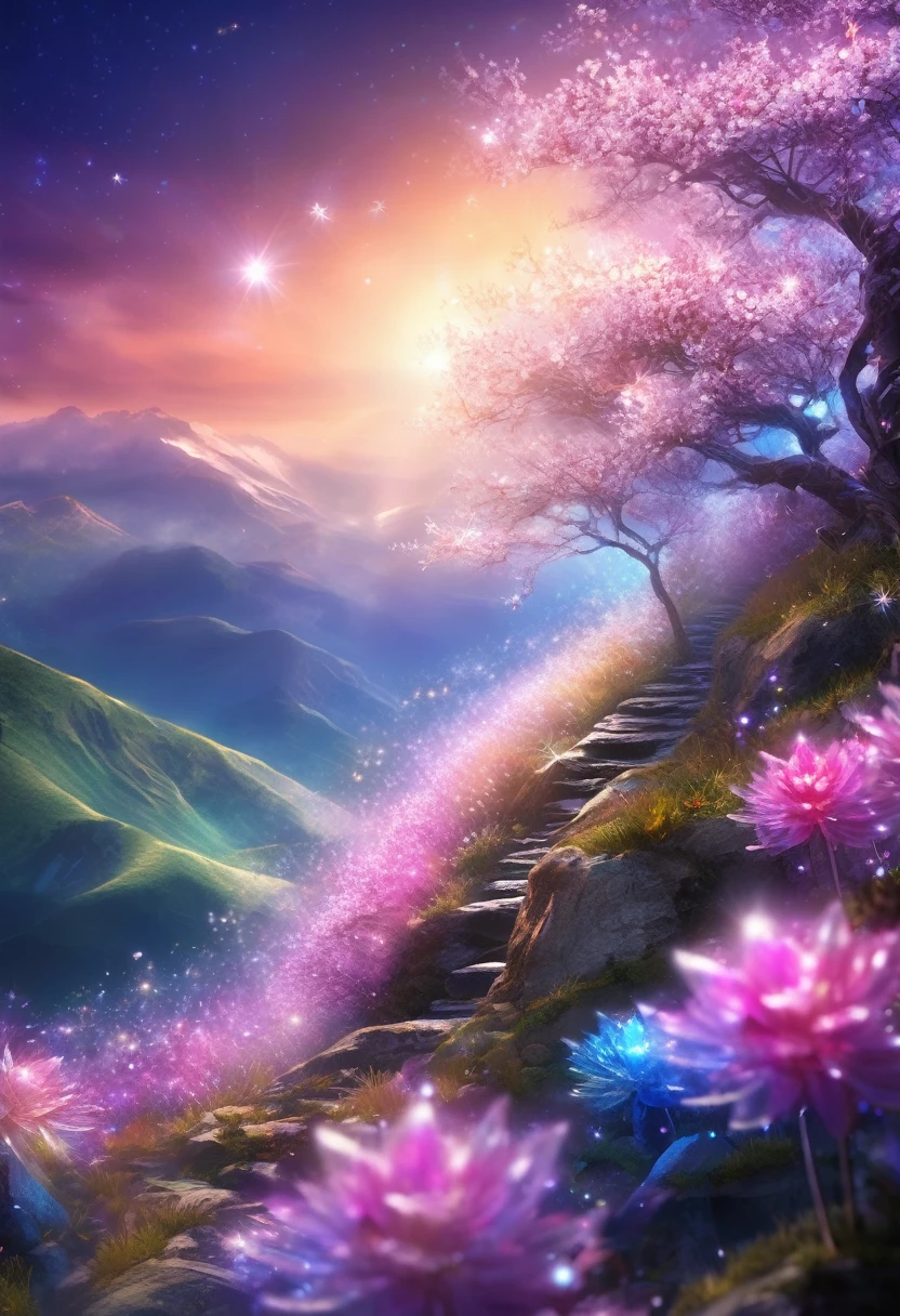 Crystal Spring Blossom,
Fantasy, Milky Way, transparent, 
Sparkling, Sparkling, wonderful, colorful, 
Magical Pictures, Dramatic lighting, Photographic realism, Super detailed, 4K, Depth of written boundary, High resolution