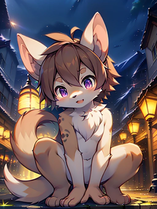 Civet cat, , cute, (alone), (((Has brown and white fur))), Big purple eyes, Blushing, smile, Open your mouth, walking, night, Ancient Asian cities, bright street lights, Blue and black slate road, Empty Streets, Starry Sky, Shadow, Detailed facial depiction, ((Accurate hand drawing)), レンブラントの光とShadow, Ultra-fine，Completely naked，Naked，Naked，Full nudity，Nude，Barely，Fully visible，Spread your legs and point your crotch，Embarrassing，Embarrassed look，On all fours，Put your hands and feet on the ground，Sit like a dog，quadruped，Accurate hand and foot count，shame，Estrus，first round，Fantasy，Anime-style depiction，