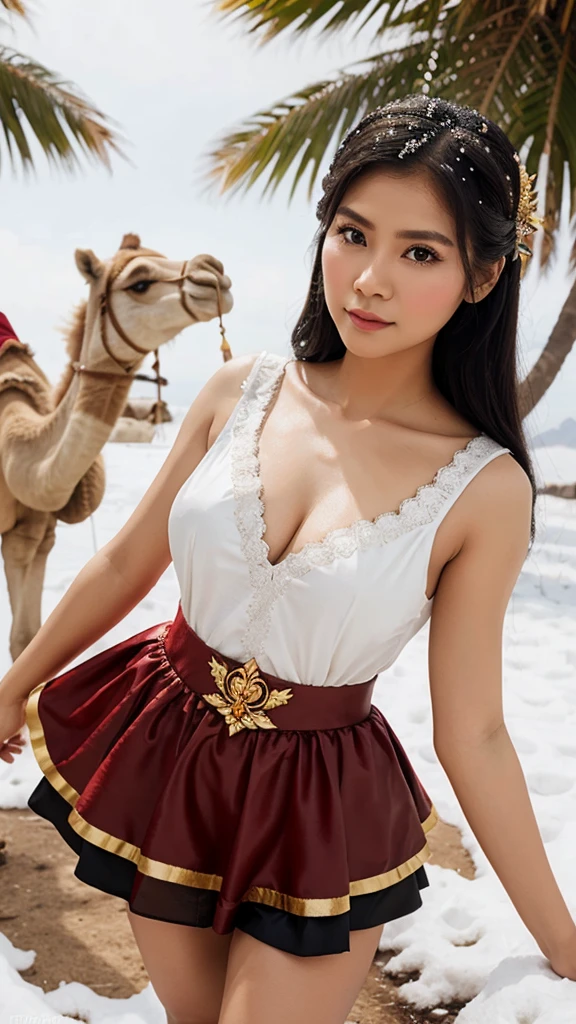 Realistic pilipina wearing a snow white costume The background is dessert and camel.