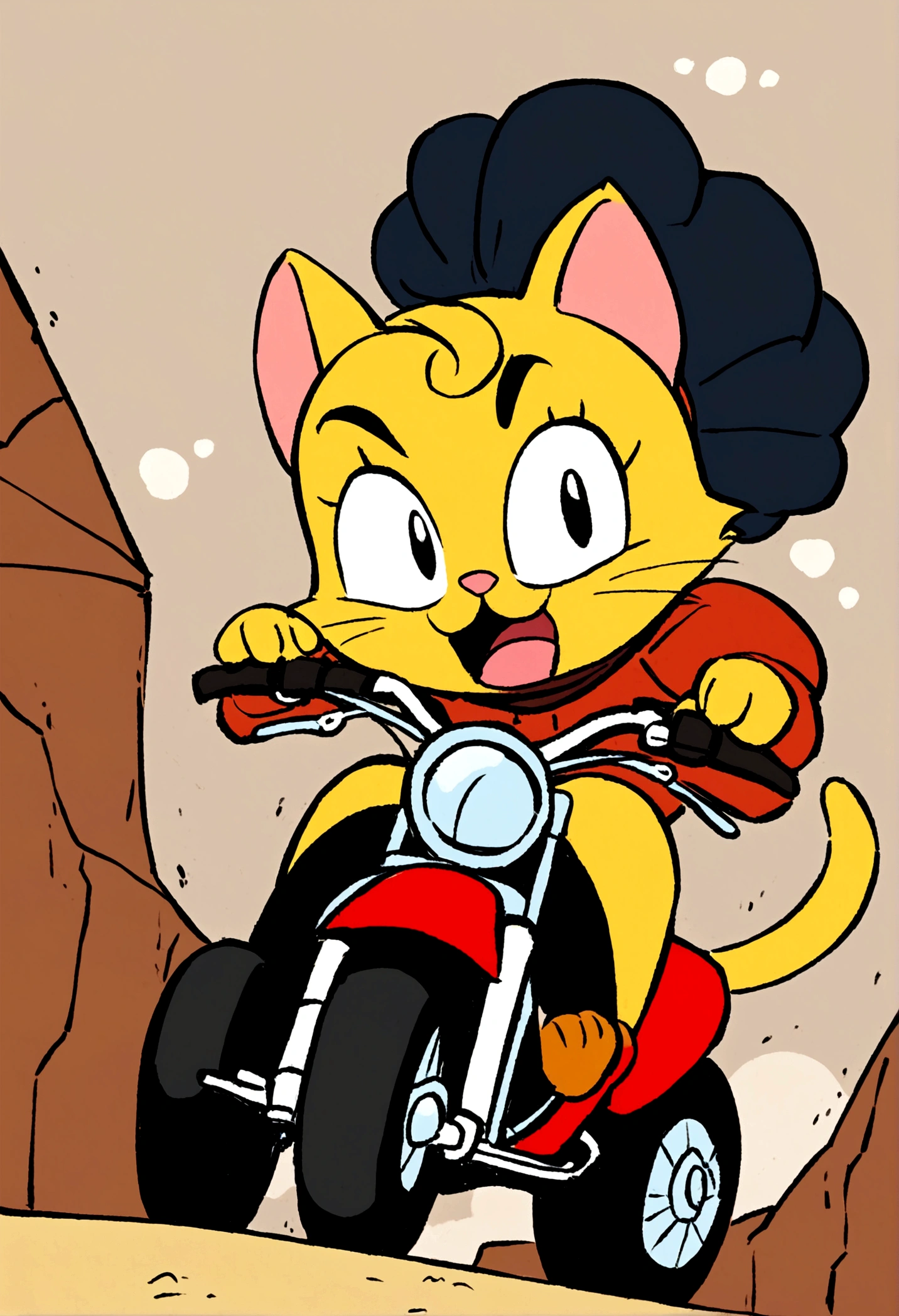 A cat riding a dirt bike,yellow cat,Rainy Day,Disney cartoon style