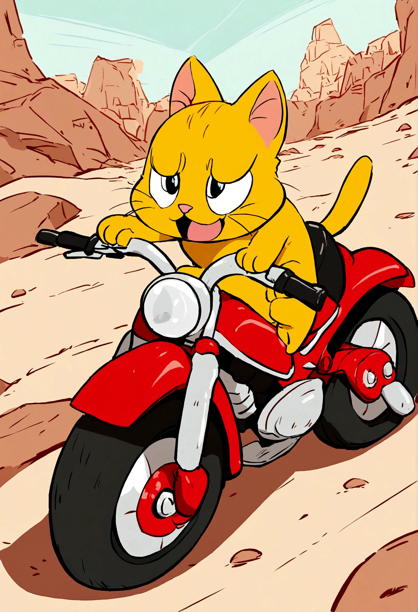 A cat riding a dirt bike，yellow cat，Rainy Day，Disney cartoon style