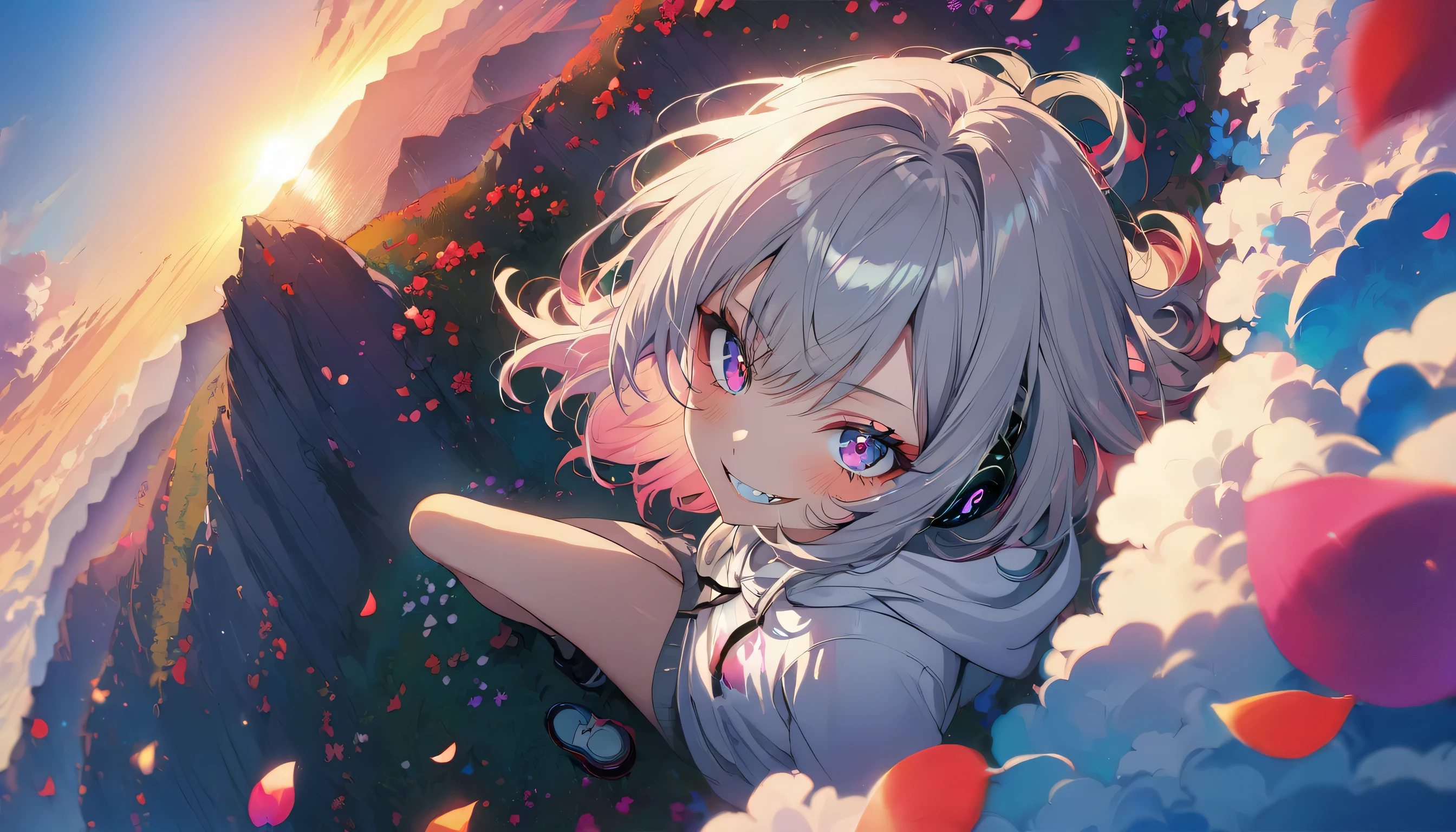 ((Masterpiece)), ((best quality)), (Anime:1.3), (super detail:1.2), (High Definition:1.3), (Professional Photography:1.3),cute young Girl, Glossy unruly hair, (loose swept bangs), (silver ash hair), medium hair, big eyes, (Eye bags:1.3), (Long eyelashes), colorful eyes, (evil smile and blush), Glossy lips, (jagged teeth), ((white hoodie with oversized)), barearms, cute, (colorful:1.3), gothic makeup, (sitting on the edge), colorful petals dance around her, beautiful sunset, Peter Benjamin Graham, a wanderer on a mountain, wearing headphones, (full body), (gazing skyward:1.3),(from aerial shot:1.5),