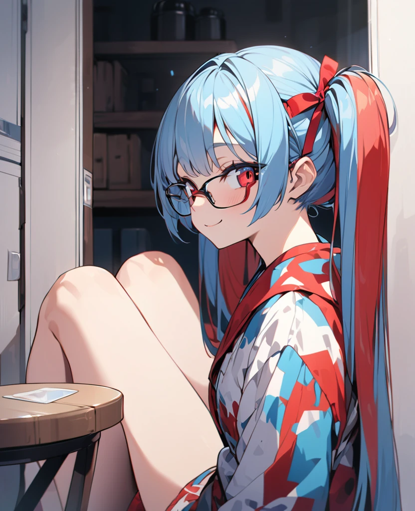 One Woman、Blue and red two-tone hair、Hairstyle、Long twin tails、Red and blue eyes、Slanted Eyes、Strange Eyes、Glasses、whole body、Sitting、View your viewers、White,indoor、Blue and red two-tone hair, tsurime, Blue and red eyes、Strange Eyes, smile、From the side, Ultra-high resolution, Very detailed