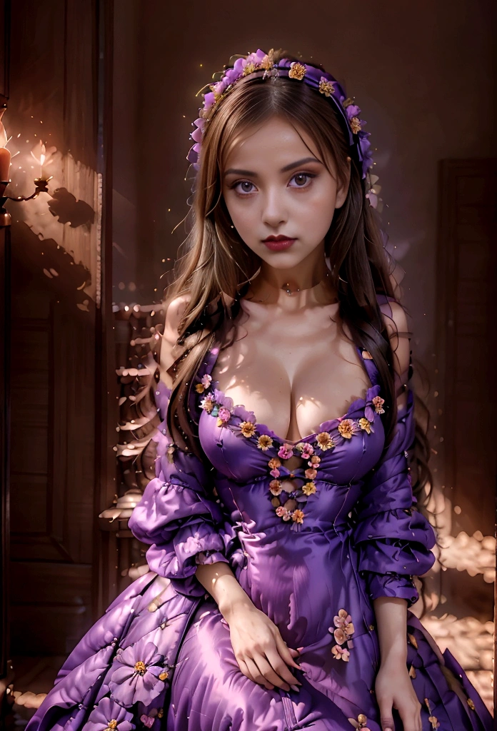 arafed woman with a clown make-up, very large full lips, in a dress bends over in front of a camera, nymphomaniac movie style, tumblr, renaissance, purple dress, dressed in a flower dress, floral art novuea dress, romantic dress, flower dress, young woman in a dress, girl in a dress, vine dress, photoshoot, rococo dress, lady with glowing flowers dress