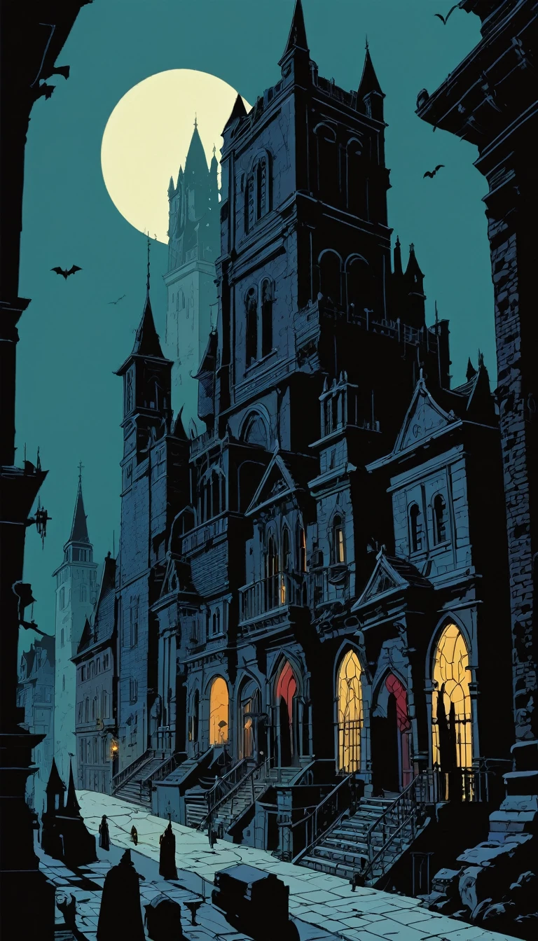 city of vampires: 1.5, night, great detail of buildings, towers,(art inspired Mike Mignola)