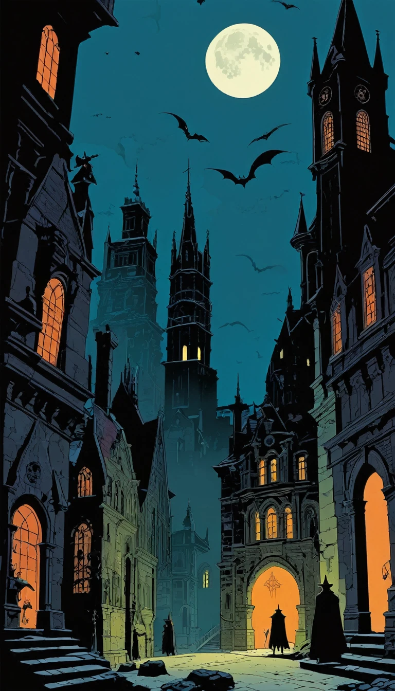 city of vampires: 1.5, night, great detail of buildings, towers,(art inspired Mike Mignola)