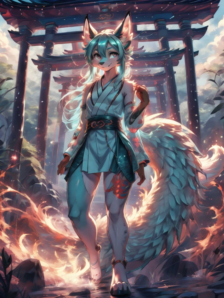 Hatsune miku alta definicion buena anatomia add_detail:1, orejas de kitsune, japanese shrine landscape add_detail:1, fullbody  descalza add_detail:1