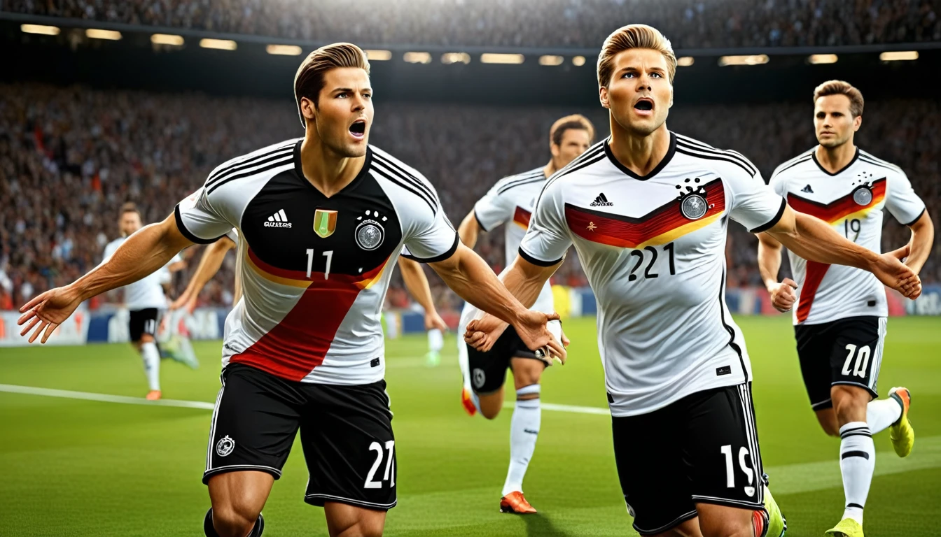 high quality, hyperdetailed, 3d, dynamic, dramatic lighting, highly detailed, photorealistic, 1 german male soccer team, soccer players, athletes, football, soccer, team, sports, sports uniforms, soccer jerseys, cleats, soccer ball, soccer field, stadium, crowds, cheering fans, flags, banners, action pose, muscular figures, sweat, motion blur, depth of field, germnan flag on jersey