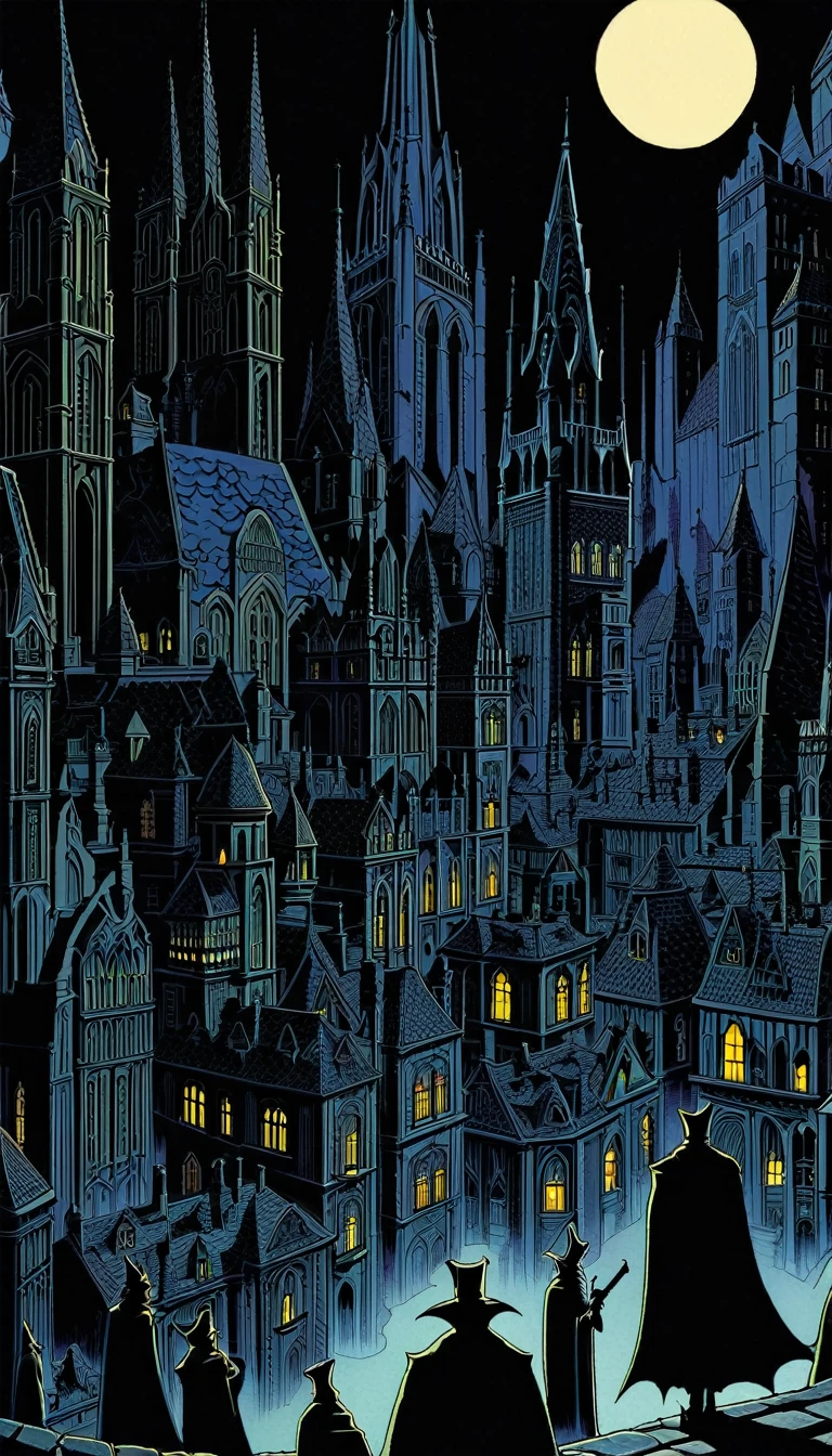 city ​​of vampires: 1.5, night, great detail of buildings, towers,(art inspired Mike Mignola)
