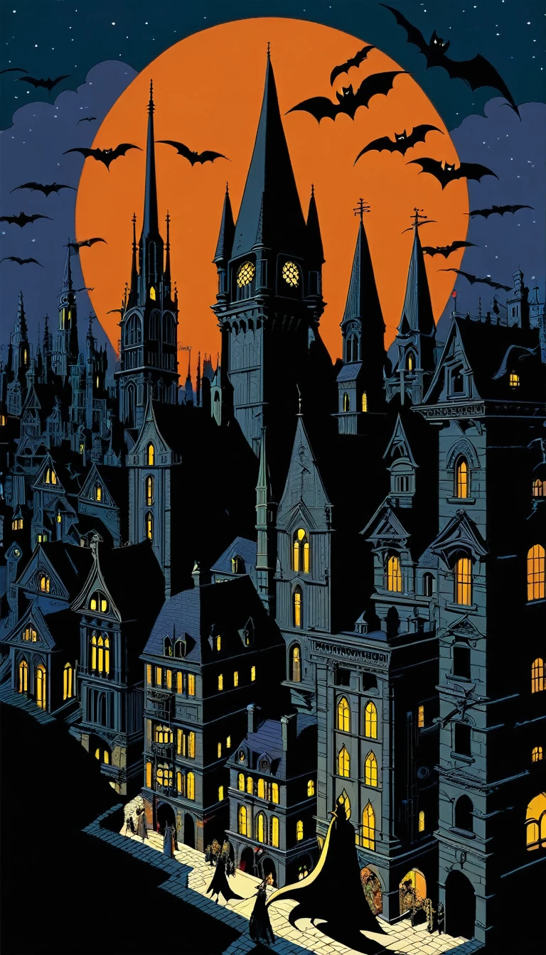 city of vampires: 1.5, night, great detail of buildings, towers,(art inspired Mike Mignola)