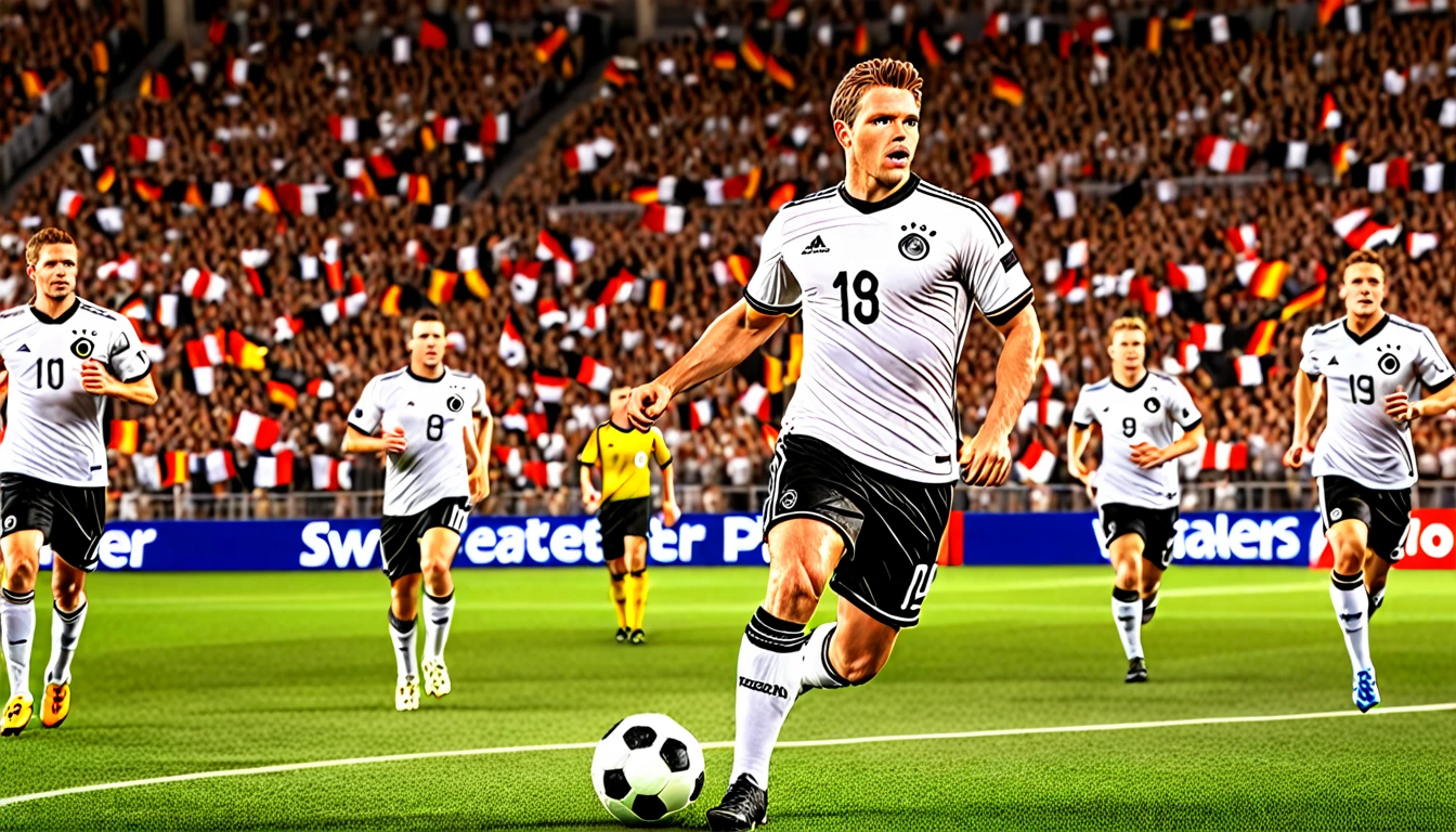 high quality, hyperdetailed, 3d, dynamic, dramatic lighting, highly detailed, photorealistic, 1 german male soccer team, soccer players, athletes, football, soccer, team, sports, sports uniforms, soccer jerseys, cleats, soccer ball, soccer field, stadium, crowds, cheering fans, flags, banners, action pose, muscular figures, sweat, motion blur, depth of field, germnan flag on jersey