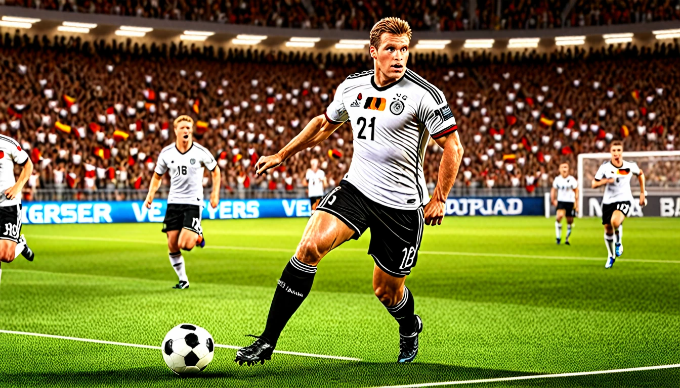 high quality, hyperdetailed, 3d, dynamic, dramatic lighting, highly detailed, photorealistic, 1 german male soccer team, soccer players, athletes, football, soccer, team, sports, sports uniforms, soccer jerseys, cleats, soccer ball, soccer field, stadium, crowds, cheering fans, flags, banners, action pose, muscular figures, sweat, motion blur, depth of field, germnan flag on jersey
