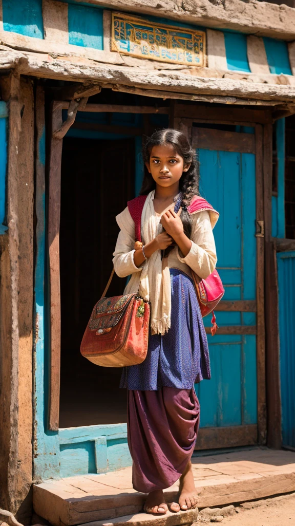 "A young Indian girl standing at a Dwarika with her luggage, looking uncertain and lost."