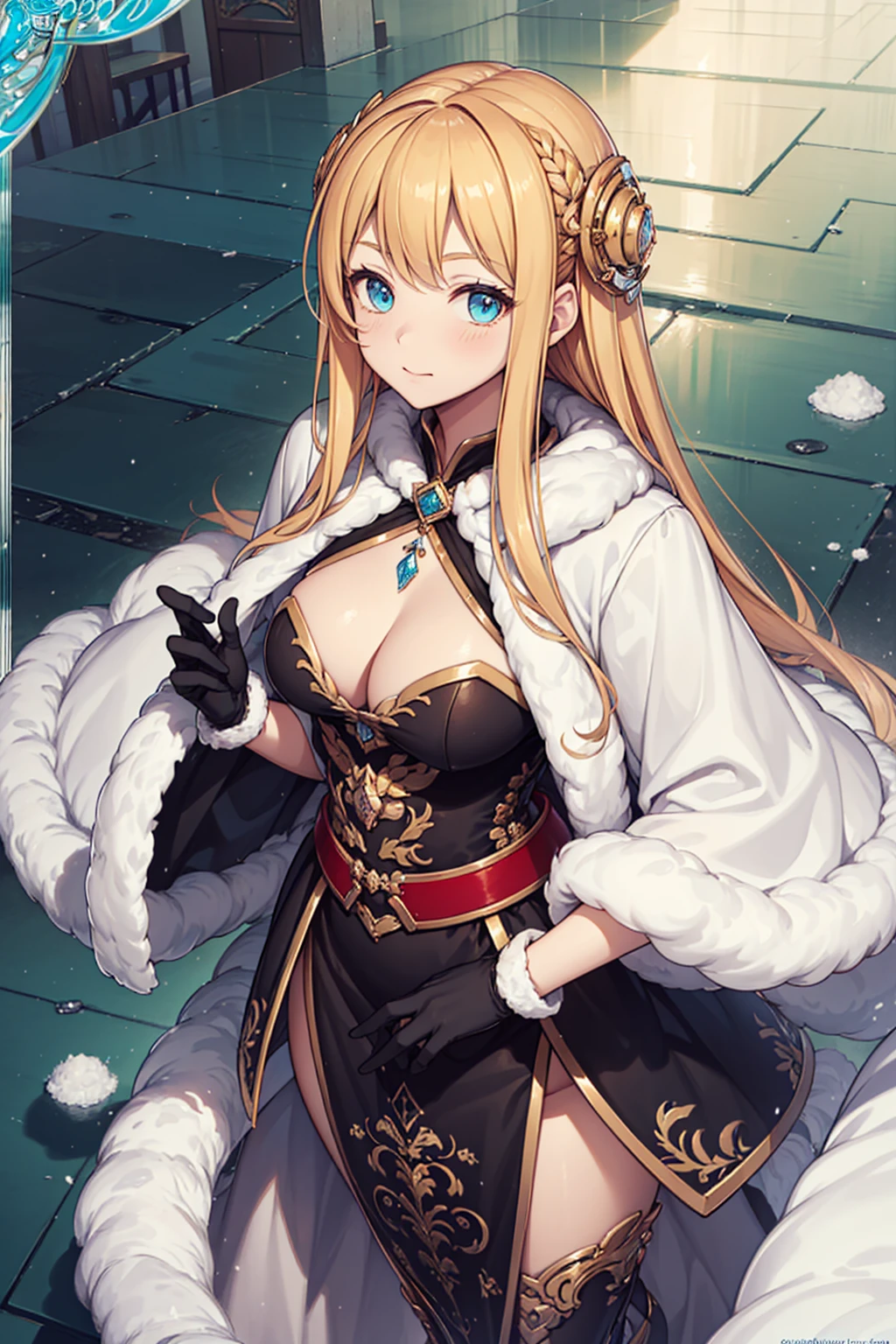 ((Top Quality)), ((Masterpiece)), (Detail), high resolution, Perfect Face, Fine Eyes, detailed eyes, (1 beautiful girl), saints, Sacred, military coat, Ruffles with fur, (cotton coat:1.2), winter long blouse, long boots, long gloves, down jacket, (winter hat:1.1), golden Sacred Patterns, blonde hair, (blunt bangs), (Many ornaments made of ice:1.1) BREAK delicate pattern, (exquisite costumes), (The background is the cold earth:1.2)