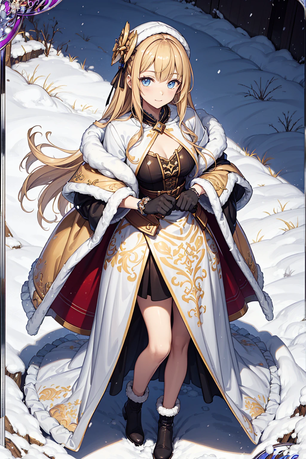 ((Top Quality)), ((Masterpiece)), (Detail), high resolution, Perfect Face, Fine Eyes, detailed eyes, (1 beautiful girl), saints, Sacred, military coat, Ruffles with fur, (cotton coat:1.2), winter long blouse, long boots, long gloves, down jacket, (winter hat:1.1), golden Sacred Patterns, blonde hair, (blunt bangs), (Many ornaments made of ice:1.1) BREAK delicate pattern, (exquisite costumes), (The background is the cold earth:1.2)