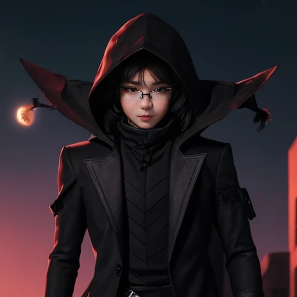 Close-up of person in black jacket and hood., Cyberpunk anime girl in a hoodie, iu lee ji-eun in the role of supervillain, Wojtek Fuss, Park Shin Hye as a supervillain, Ross Tran 8g, artgerm and atey ghailan, Frustrated killer, Dystopian sci-fi characters, Unreal engine character art,Myopia glasses,smile at the corner of the mouth