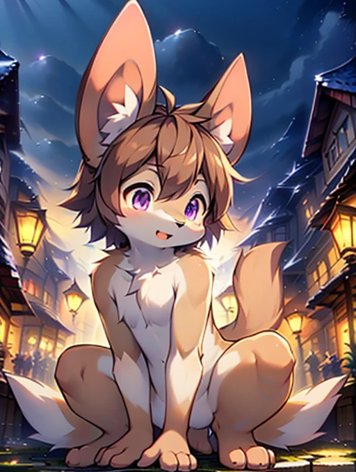 Civet cat, **********, cute, (alone), (((Has brown and white fur))), Big purple eyes, Blushing, smile, Open your mouth, walking, night, Ancient Asian cities, bright street lights, Blue and black slate road, Empty Streets, Starry Sky, Shadow, Detailed facial depiction, ((Accurate hand drawing)), レンブラントの光とShadow, Ultra-fine，Completely naked，Naked，Naked，Full nudity，Nude，Barely，Fully visible，Spread your legs and point your crotch，Embarrassing，Embarrassed look，On all fours，Put your hands and feet on the ground，Sit like a dog，quadruped，Accurate hand and foot count，shame，A furry in heat，first round，Fantasy，Anime-style depiction，