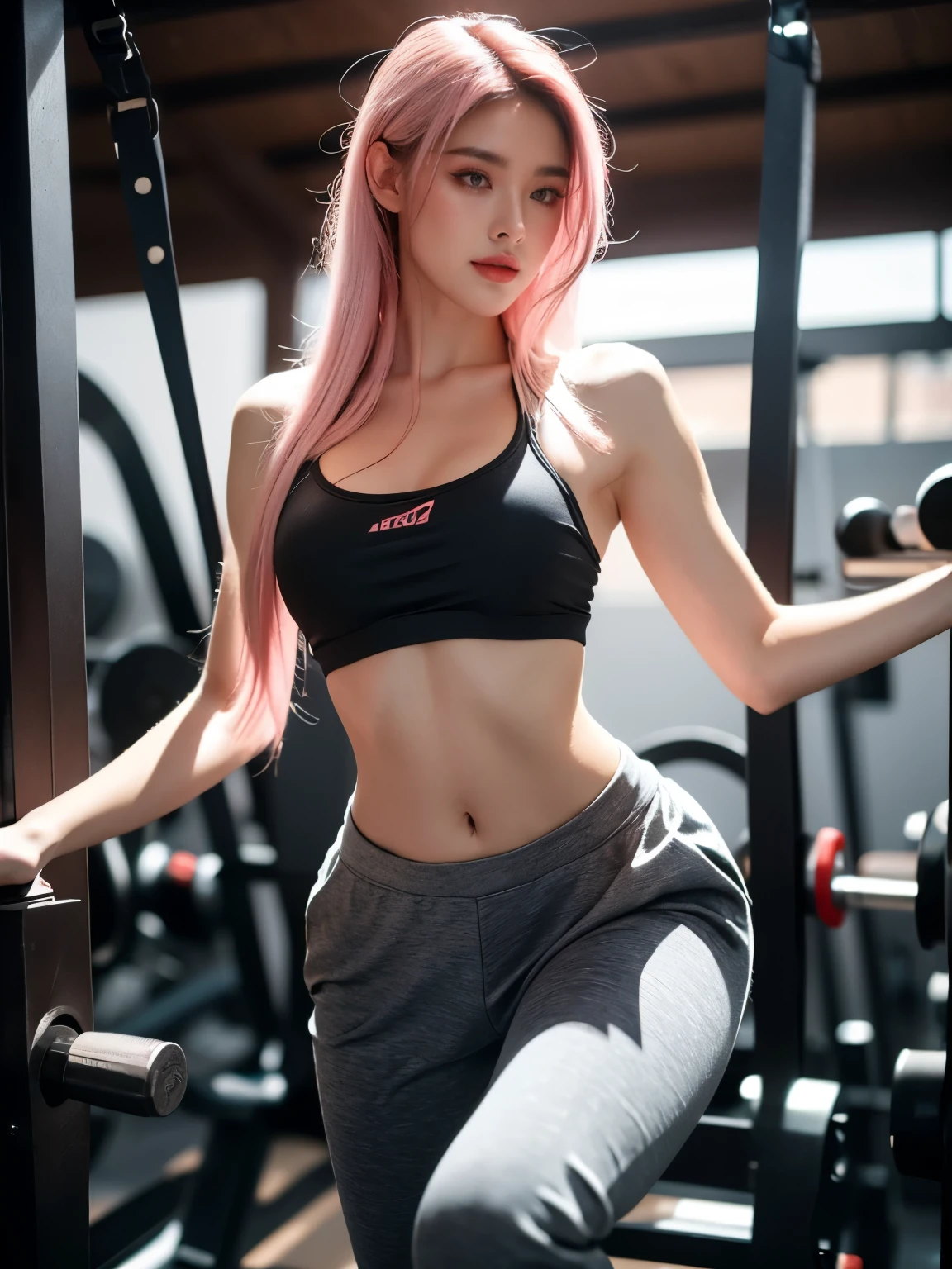 
A fit woman with shoulder-length long light pink hair exercises energetically in a modern gym, sexual expression,  wearing a stylish and sexy outfit that accentuates her curves without being revealing. Her expression is focused and determined, with a hint of a smile that reflects her passion and dedication to fitness. The gym is well-equipped and brightly lit, with various exercise machines and weights in the background, creating an atmosphere of motivation and strength; the image exudes energy and confidence, (sun ray:0.5)