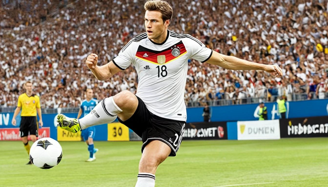 high quality, hyperdetailed, 3d, dynamic, dramatic lighting, highly detailed, photorealistic, 1 german male soccer team, soccer players, athletes, football, soccer, team, sports, sports uniforms, soccer jerseys, cleats, soccer ball, soccer field, stadium, crowds, cheering fans, flags, banners, action pose, muscular figures, sweat, motion blur, depth of field, germnan flag on jersey