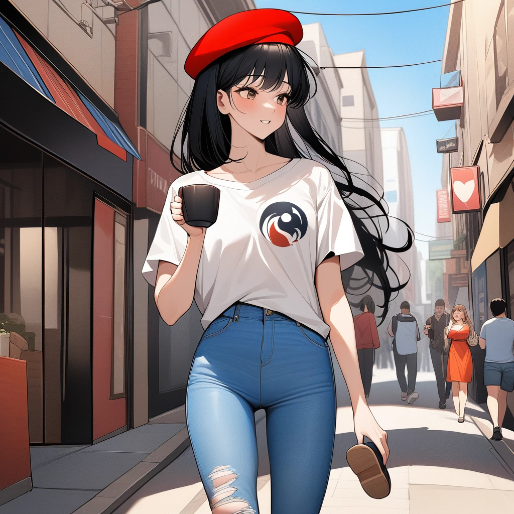 masterpiece, best quality, very aesthetic, absurdres，A young woman with long, flowing black hair, wearing a simple white T-shirt with a bold graphic print, and distressed blue jeans with ripped knees. She has a bright red beret on her head and is holding a vintage-style cup of coffee. She is walking down a bustling city street with a casual and carefree expression.