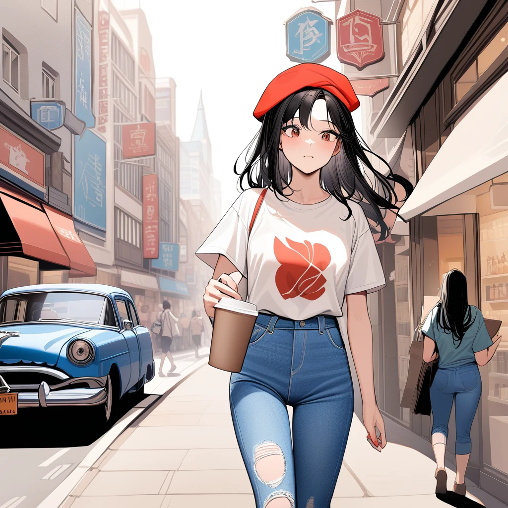 masterpiece, best quality, very aesthetic, absurdres，A young woman with long, flowing black hair, wearing a simple white T-shirt with a bold graphic print, and distressed blue jeans with ripped knees. She has a bright red beret on her head and is holding a vintage-style cup of coffee. She is walking down a bustling city street with a casual and carefree expression.