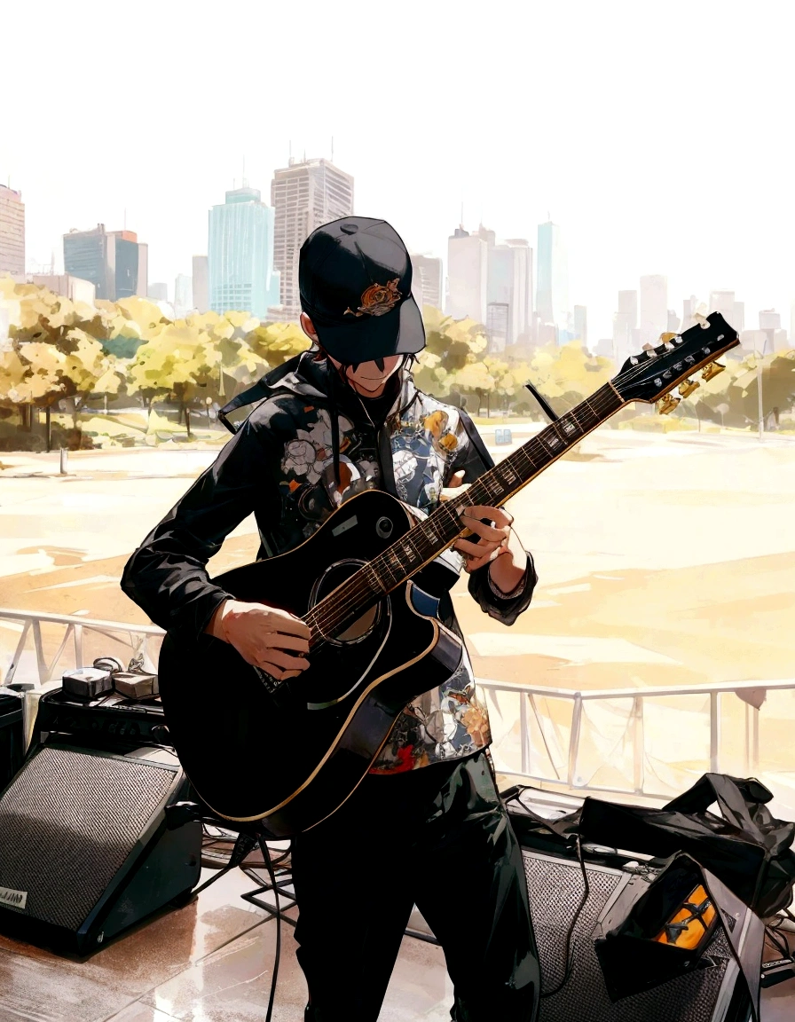 there is a man that is playing a guitar on stage, playing the guitar en el escenario, running, running on stage, Ed O'Brien (guitar), singer-songwriter, zac retz, Live at Lollapalooza, on a stage, tom morello, with a city in the background, playing the guitar, playing a guitar, Jay Bauman, Bryan Sola