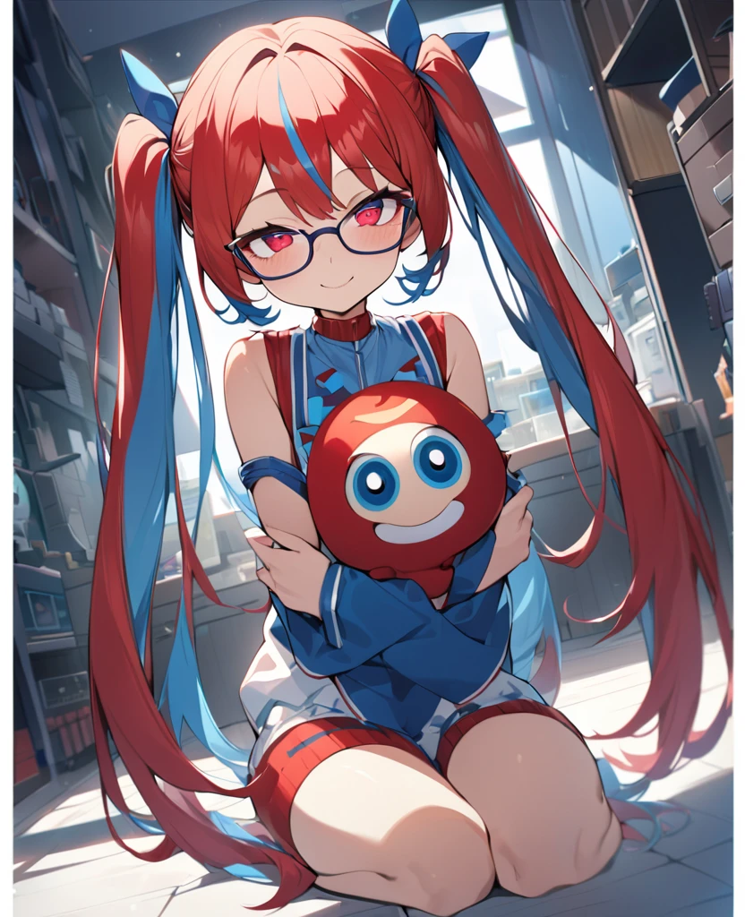 One Woman、Blue and red two-tone hair、Hairstyle、Long twin tails、Red and blue eyes、Slanted Eyes、Strange Eyes、Glasses、whole body、View your viewers、White,indoor、Blue and red two-tone hair, tsurime, Blue and red eyes、Strange Eyes, smile, Ultra-high resolution, Very detailed