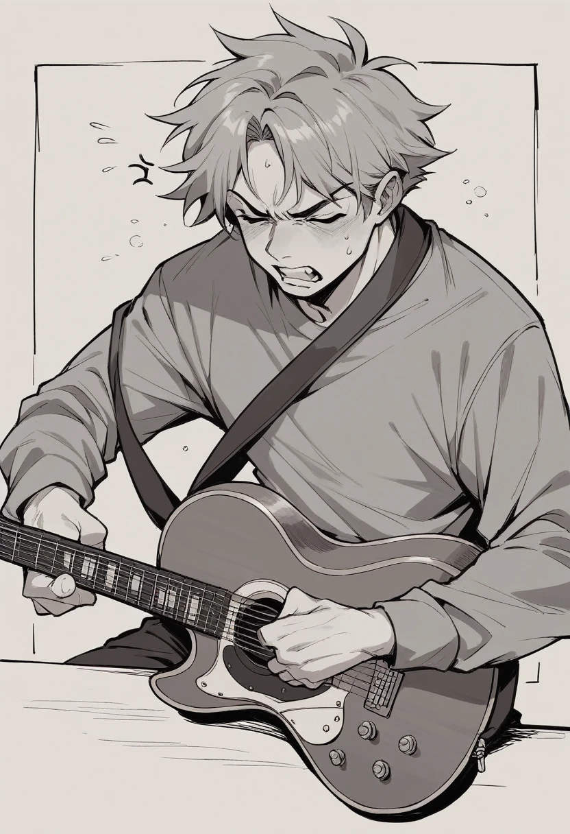 Draw a music student who is playing the guitar and there is a small table next to him. The student's facial expression should show tiredness and his eyes are closed and his face is angry.