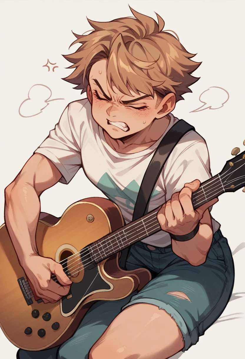 Draw a music student who is playing the guitar and there is a small table next to him. The student's facial expression should show tiredness and his eyes are closed and his face is angry.