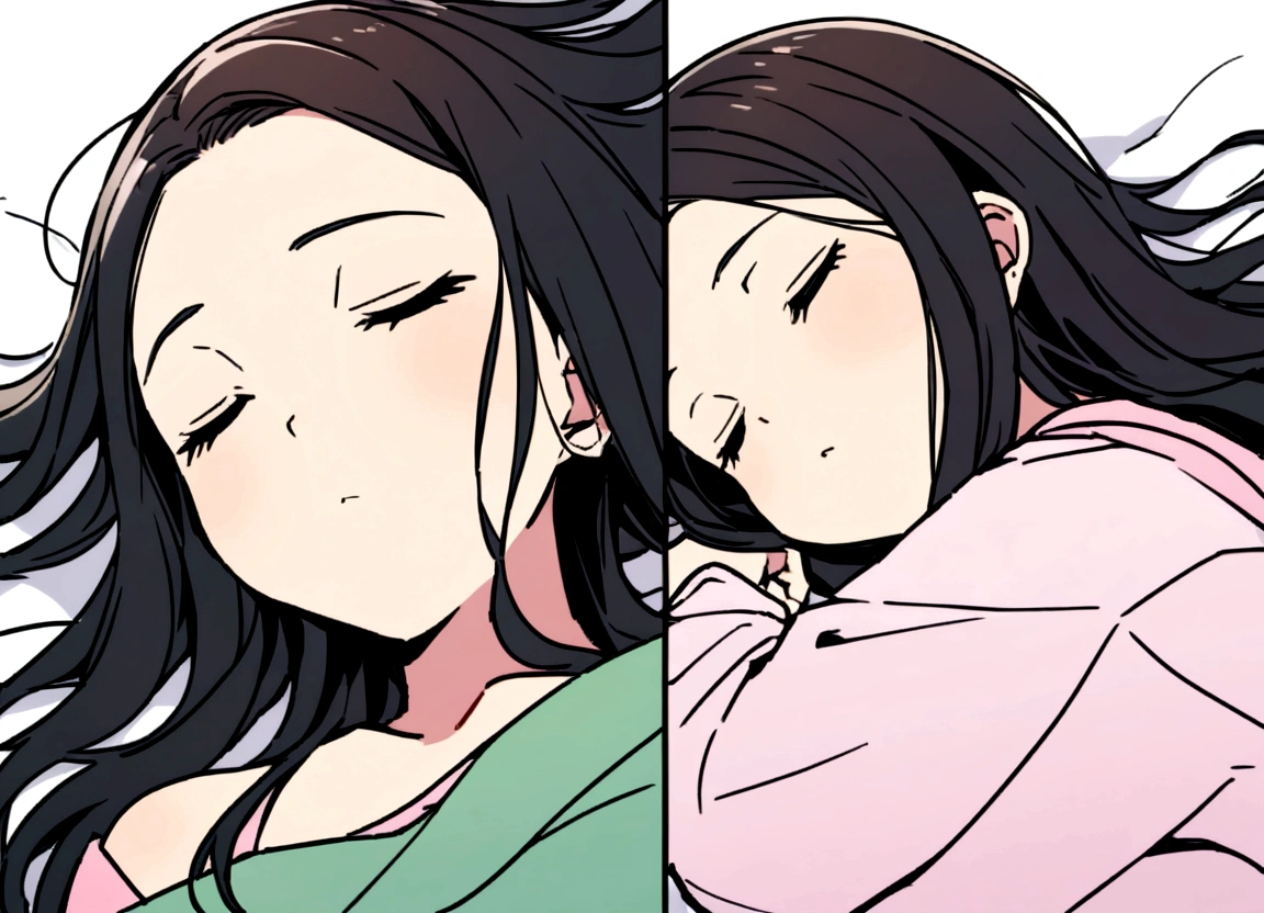 A pretty young woman with long black hair is lying separately. She is sleeping.