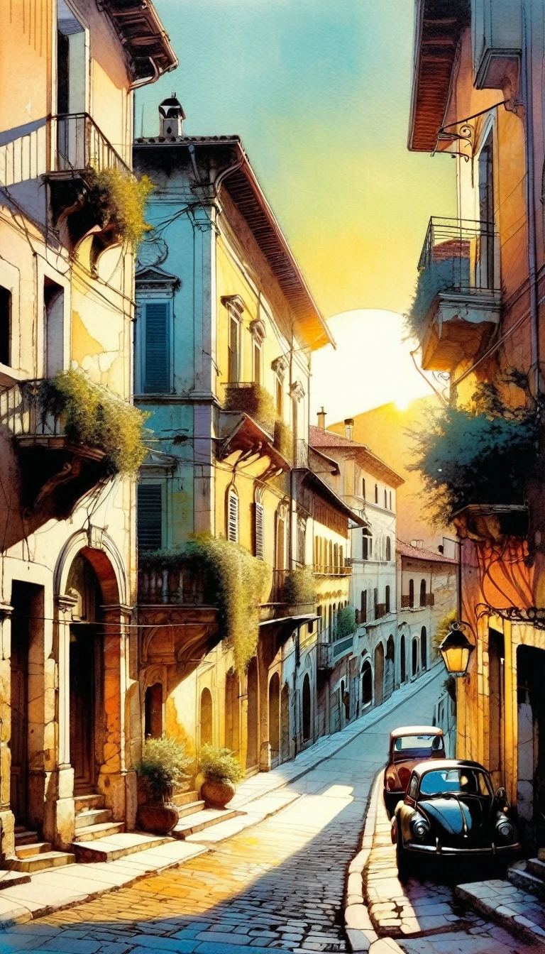 street of a classic Italian stone town: 1.5, sunrise, great detail of buildings, towers,(art inspired Bill Sienkiewicz)
