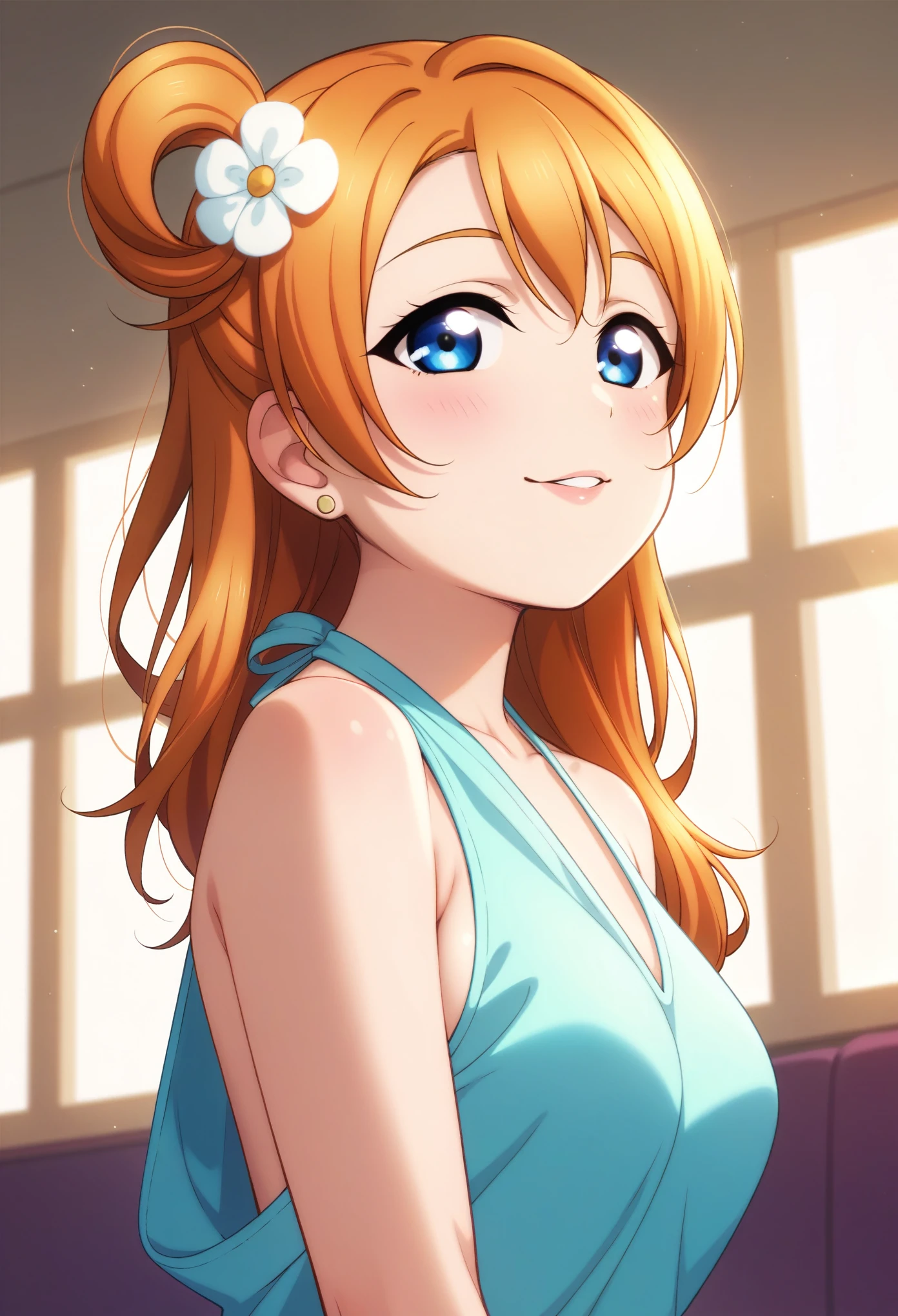 Honoka kousaka love live, blue eyes, orange hair,hair flower, solo, Fashion ,sideboobs, boobgasm, bshoulders, perfect  eyes, Perfect iris，Perfect skin，Soft front light，Casual，indoors；（pastel colour：1.2）, halter neck,thin straps 