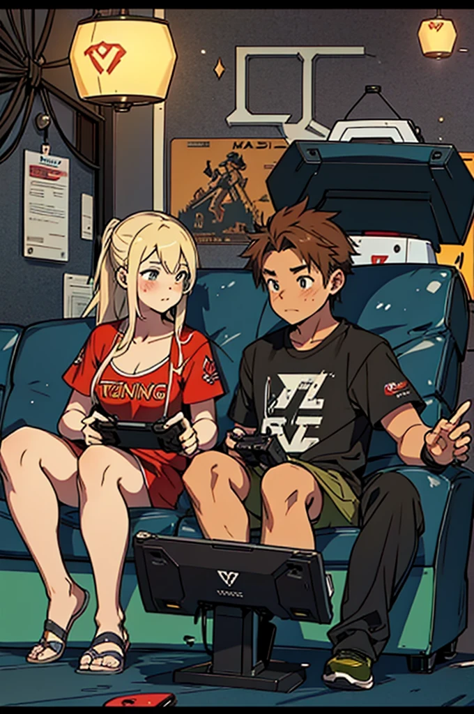Junko and zhongli playing video games together in a room full of 80s style anime and posters in neon tones with video game controllers in their hands and enjoying