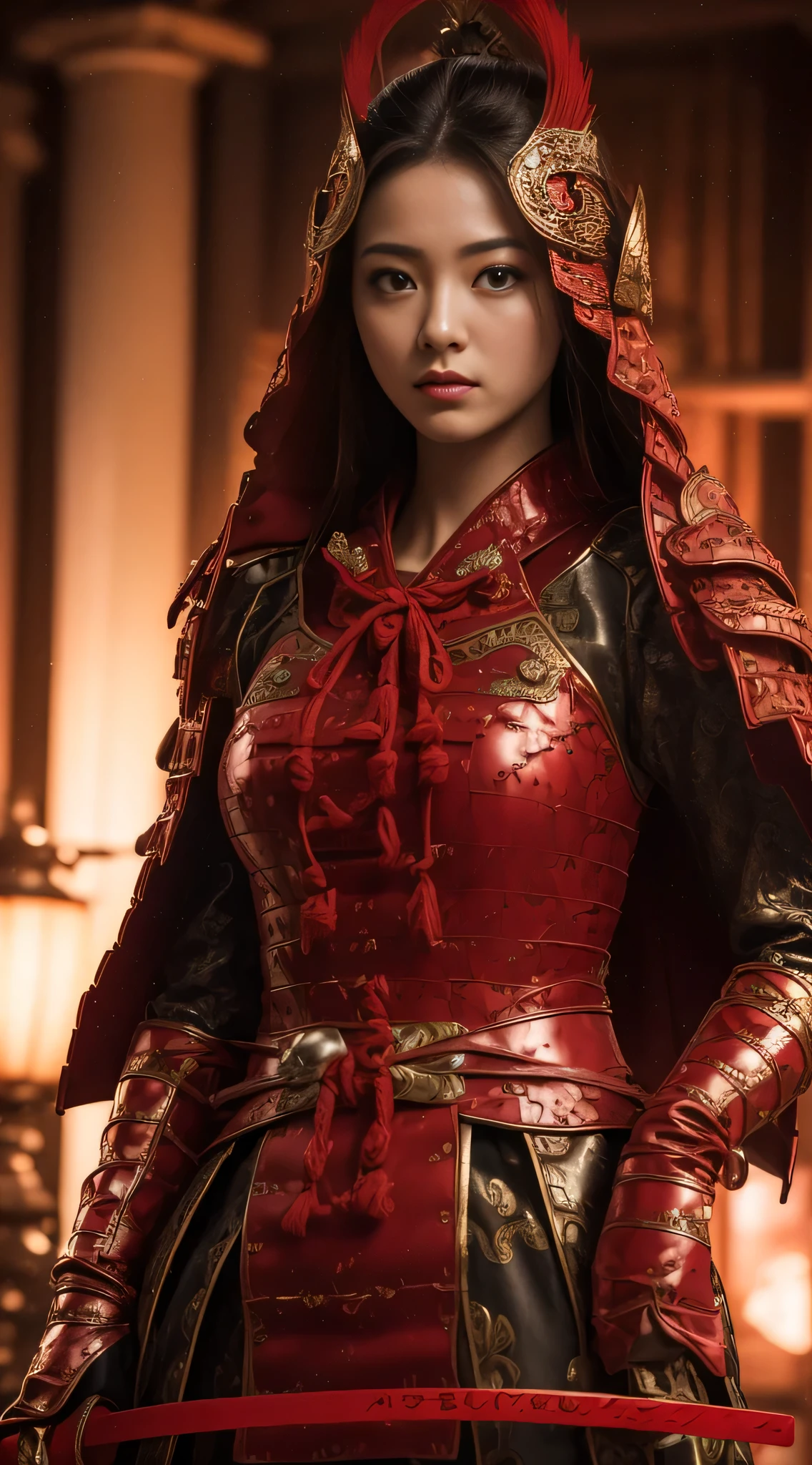 ((masutepiece))), ((Best Quality)), ((ultra-detailliert)), (Surreal), (High Definition CG Illustration), Cinematic Light, Realistic, Very beautiful young lady, Sexy, Big breasts, Light makeup,, Intricate details EABA, red cloak, spear