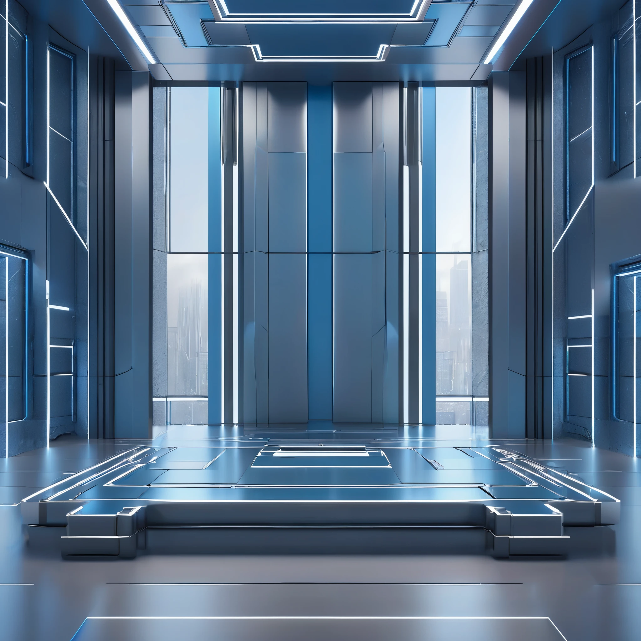 a simple geometric abstract cyberpunk interior scene, blue-grey tones, window, natural lighting, minimalist design, no people, high quality, 8k, ultra-detailed, hyper-realistic, 3d render, studio lighting, sharp focus, physically-based rendering, vibrant colors, intricate details