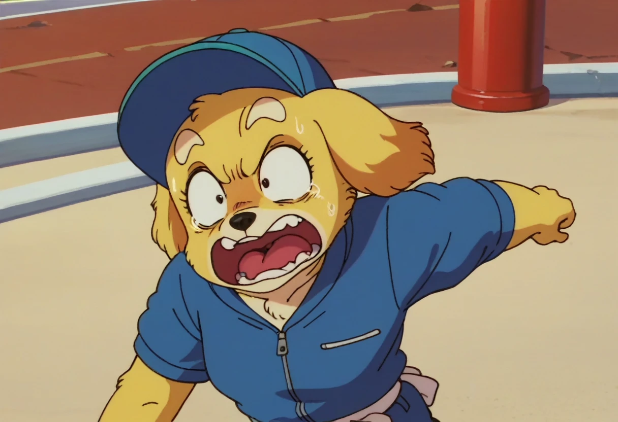 anime screencap,drgbls1, solo, anthro dog,yellow fur,blue jacket,blue flatcap, female,score_9, score_8_up, score_7_up, score_6_up, upper body,running, scared
