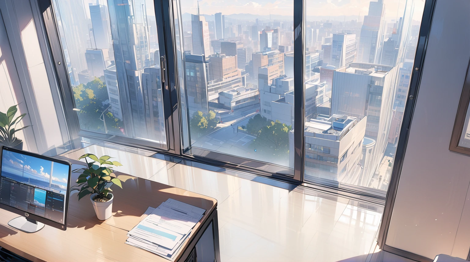 ((best quality)), ((masterpiece)), (detailed),office, potted plants, computers and documents on the desk,, floor-to-ceiling windows, the street view in the distance outside the window, the scene from the top down,