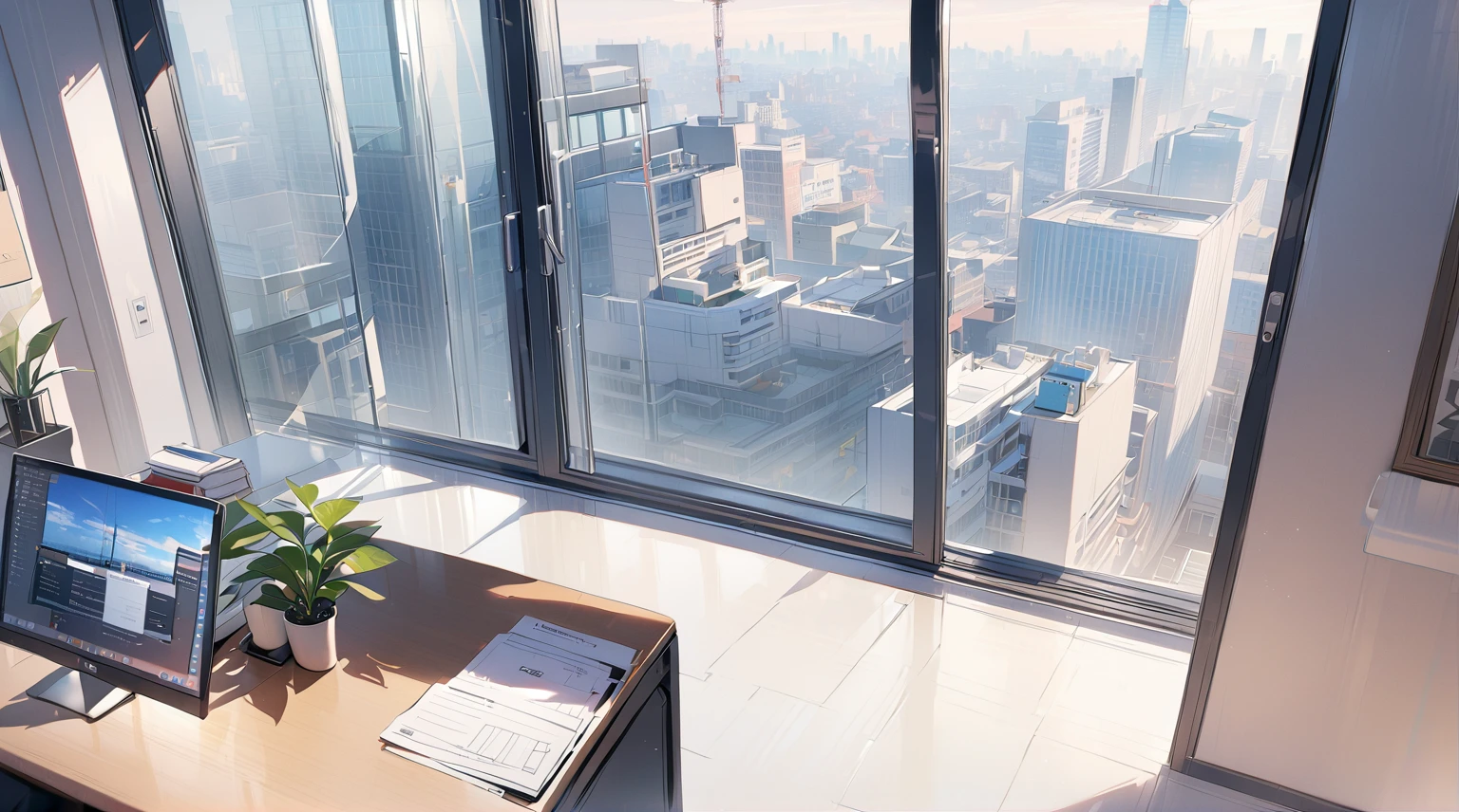 ((best quality)), ((masterpiece)), (detailed),office, potted plants, computers and documents on the desk,, floor-to-ceiling windows, the street view in the distance outside the window, the scene from the top down,