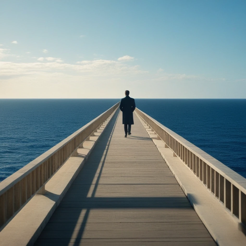 Movie stills  (Clear, detailed images)
Surrealist film that won an Oscar for Best Cinematography。A man walking on a long bridge through a tunnel。A bright light shines from the bridge、The deep blue ocean can be seen in the background.。Kodak Motion Picture Film Style, Shallow depth of field, Vignette, Very detailed, High budget, Bokeh, CinemaScope, Sulky, amazing, nice, Film Grain, granular
