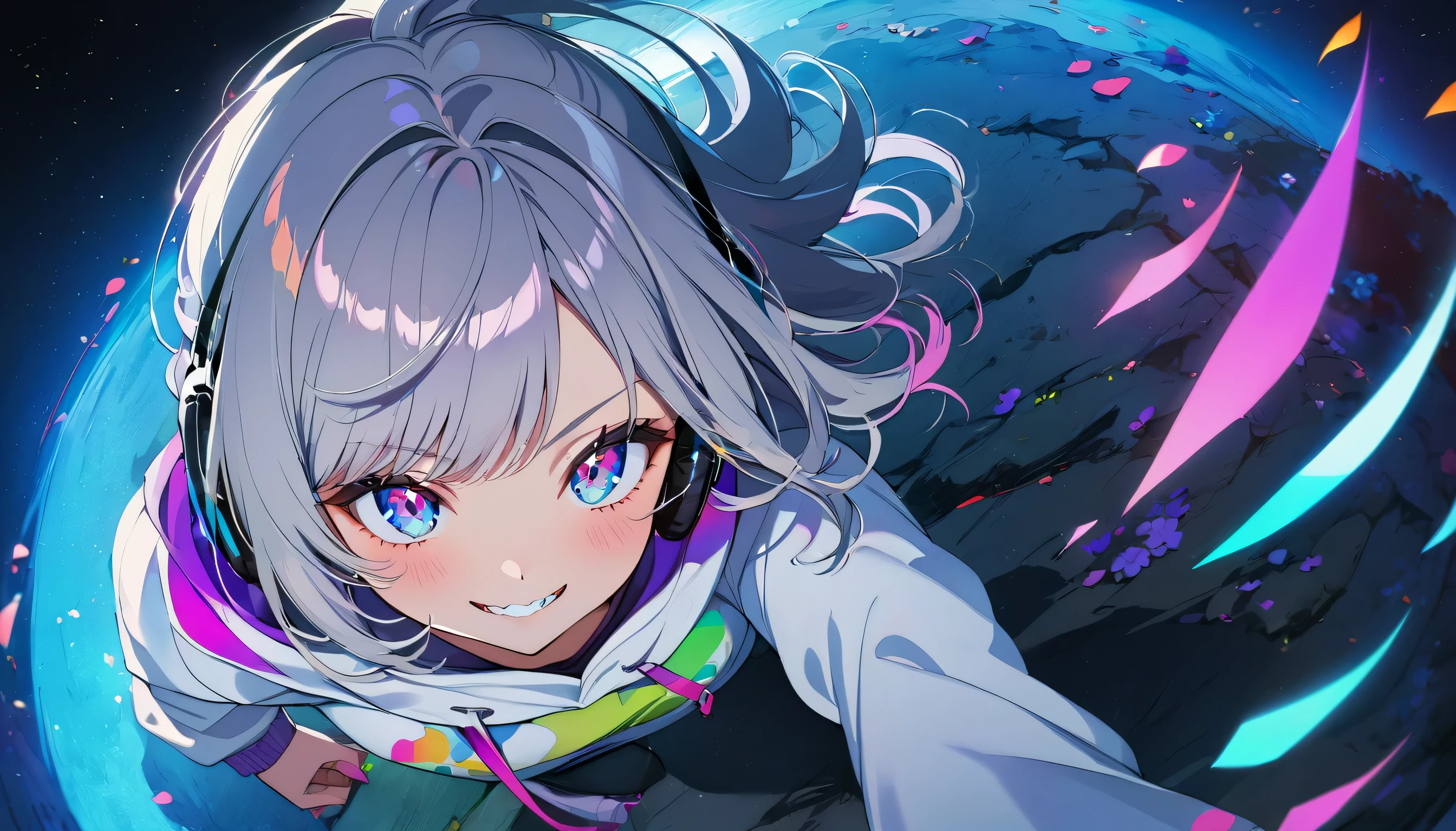 ((Masterpiece)), ((best quality)), (Anime:1.3), (super detail:1.2), (High Definition:1.3), (Professional Photography:1.3),cute young Girl, Glossy unruly hair, (loose swept bangs), (silver ash hair), medium hair, big eyes, (Eye bags:1.3), (Long eyelashes), colorful eyes, (evil smile and blush), Glossy lips, (jagged teeth), ((white hoodie with oversized)), barearms, cute, (colorful:1.3), gothic makeup, (sitting on the edge), colorful petals dance around her, starry night, neon lit, Peter Benjamin Graham, a wanderer on a mountain, wearing headphones, (full body:1.3), (gazing skyward:1.3),(from aerial shot:2),