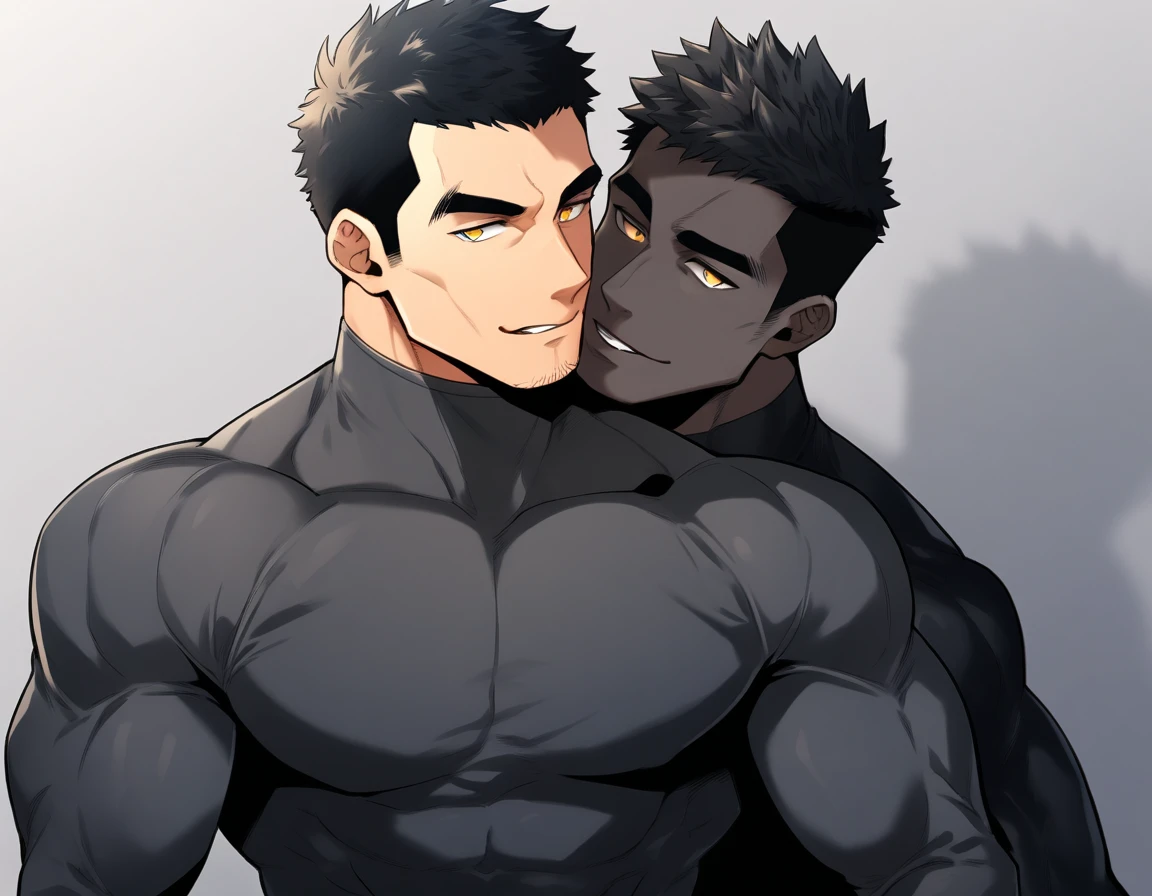 anime characters:Two superheroes in tights, Muscle superhero, negro black skin, They hugged and kissed each other, Bite your neck, Caress, Manliness, male focus, Yellow and black high collar long sleeve tight T-shirt, Slightly transparent material, Very tight, Round, full and perky chest muscles, Male dog waist, Slightly transparent, muscular male, muscular, only, Upper body, alone, Black short hair, Thick eyebrows, stubble, Yellow eyes, Grey background, simple background, amazing quality, best aesthetics, Ridiculous, bright pupils, crew cut, parted lips, seductive smile, torogao, naughty face, drop shadow, best quality