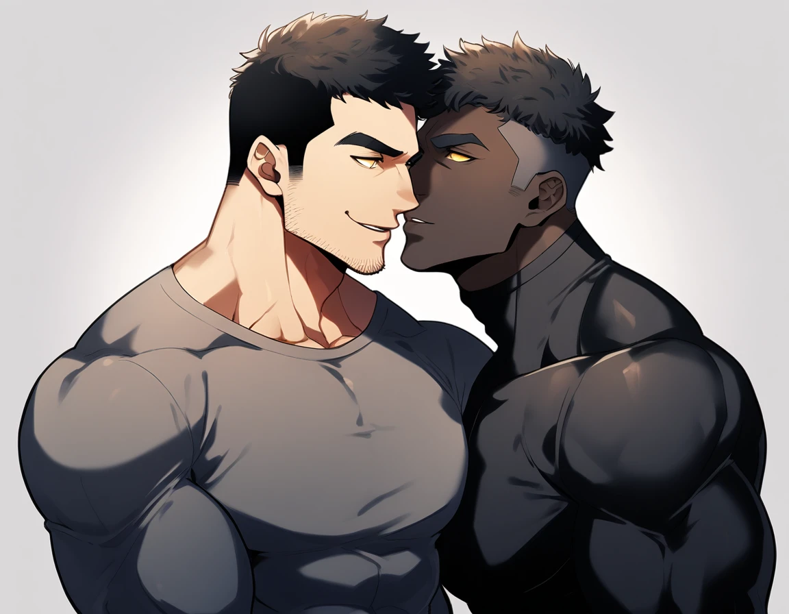 anime characters：Two superheroes in tights, Muscle superhero, negro black skin, They hugged and kissed each other, Bite your neck, Caress, Manliness, male focus, Yellow and black high collar long sleeve tight T-shirt, Slightly transparent material, Very tight, Round, full and perky chest muscles, Male dog waist, Slightly transparent, muscular male, muscular, only, Upper body, alone, Black short hair, Thick eyebrows, stubble, Yellow eyes, Grey background, simple background, amazing quality, best aesthetics, Ridiculous, bright pupils, crew cut, parted lips, seductive smile, torogao, naughty face, drop shadow, best quality