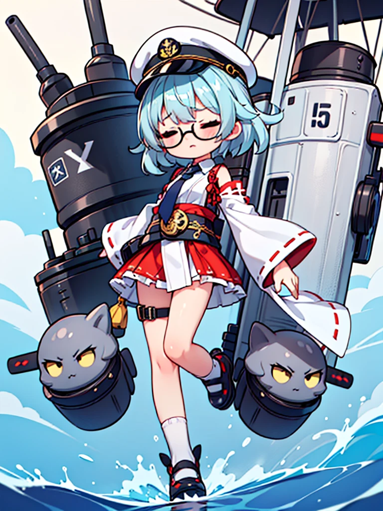 ((((Full body of a woman with perfect flat chest、solo、Short unkempt black hair、Tie your messy hair at the nape of your neck、white military jacket、Miko costume、tights、Black glasses、White military cap、Cloudy black eyes、Confused eyes、Closed Eyes、Junyo hair accessories)))), (((masterpiece))), (((Shipgirl))), ((Floating on the morning sea with both feet)), (Spread your legs wide open), (Hold the turret with your right hand), (Mechanical arms extending from the waist are used to equip the ship with battleship equipment.), (Equipped with a turret on the back), (Holds a triple turret on the left arm), Shotgun shells are attached to the thigh with a belt, Spreading the Machine&#39;s Wings, Machine tail,  Holding a shotgun, 