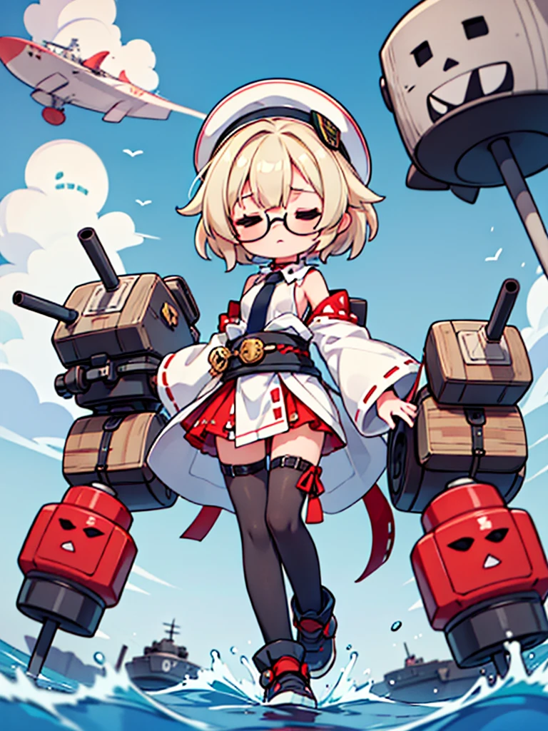 ((((Full body of a woman with perfect flat chest、solo、Short unkempt black hair、Tie your messy hair at the nape of your neck、white military jacket、Miko costume、tights、Black glasses、White military cap、Cloudy black eyes、Confused eyes、Closed Eyes、Junyo hair accessories)))), (((masterpiece))), (((Shipgirl))), ((Floating on the morning sea with both feet)), (Spread your legs wide open), (Hold the turret with your right hand), (Mechanical arms extending from the waist are used to equip the ship with battleship equipment.), (Equipped with a turret on the back), (Holds a triple turret on the left arm), Shotgun shells are attached to the thigh with a belt, Spreading the Machine&#39;s Wings, Machine tail,  Holding a shotgun, 