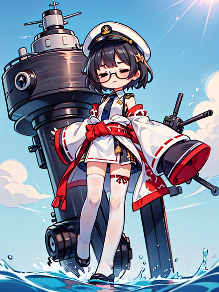((((Full body of a woman with perfect flat chest、solo、Short unkempt black hair、Tie your messy hair at the nape of your neck、white military jacket、Miko costume、tights、Black glasses、White military cap、Cloudy black eyes、Confused eyes、Closed Eyes、Junyo hair accessories)))), (((masterpiece))), (((Shipgirl))), ((Floating on the morning sea with both feet)), (Spread your legs wide open), (Hold the turret with your right hand), (Mechanical arms extending from the waist are used to equip the ship with battleship equipment.), (Equipped with a turret on the back), (Holds a triple turret on the left arm), Shotgun shells are attached to the thigh with a belt, Spreading the Machine's Wings, Machine tail, Holding a shotgun,